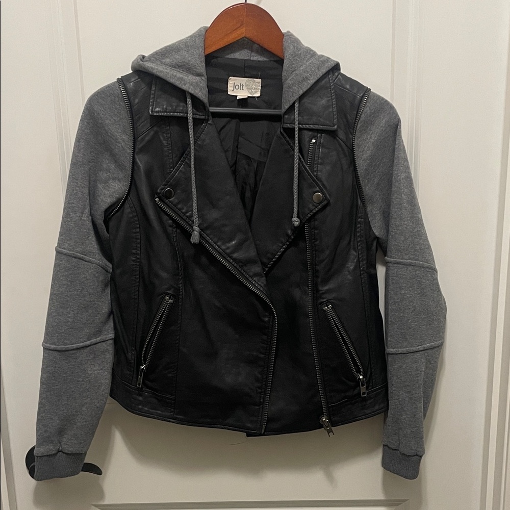 Jolt Women's Leather Jacket with Gray Sweatshirt Sleeves & Hood Size Small